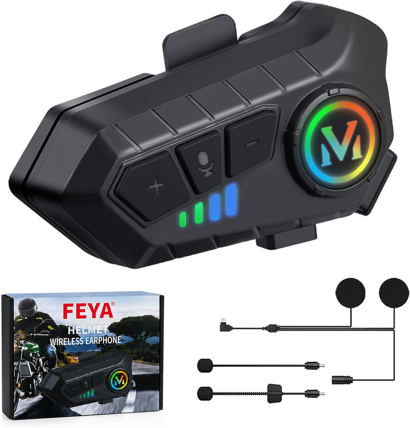 FEYA Motorcycle Helmet Speakers High Battery Life Helmet Headphone IPX6 Automatic Answer/Call Music Control/Intelligent Noise/Wake up Siri, 2 Different Types of Mic - Compatible with All Helmets - Y10