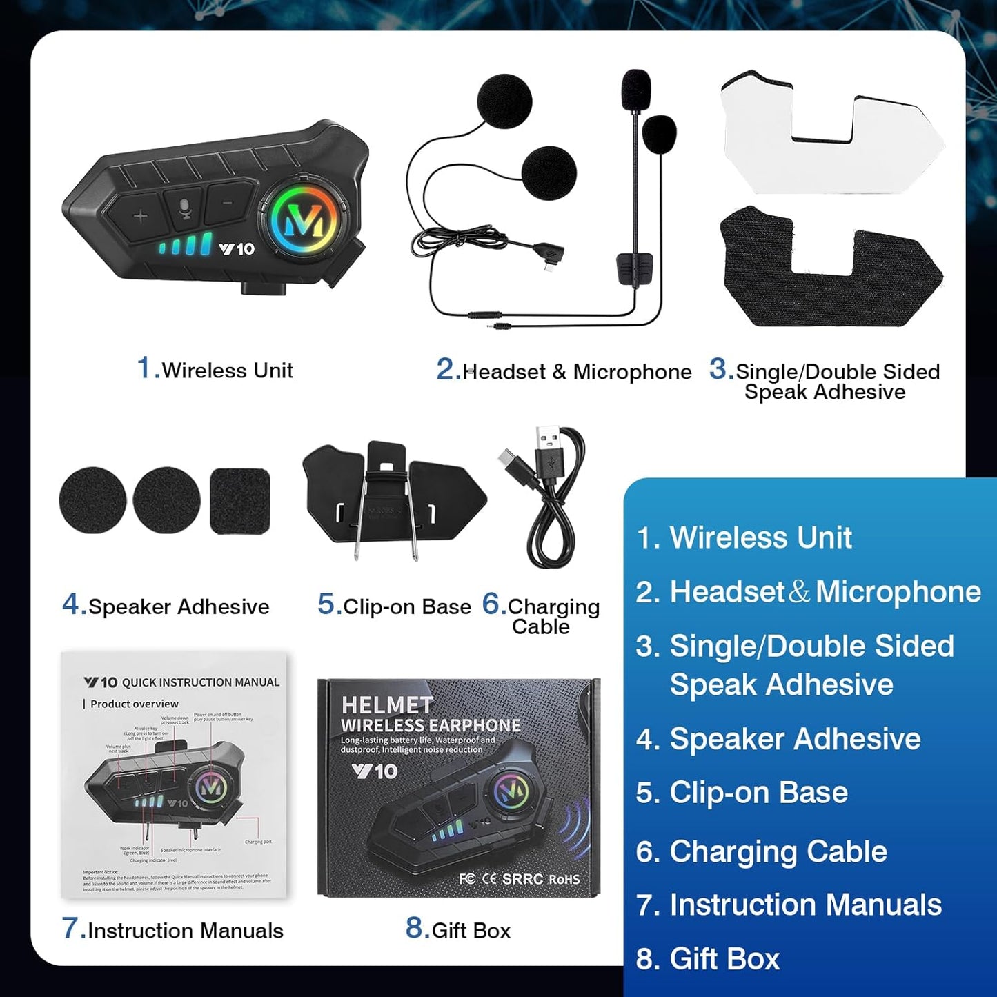 FEYA Motorcycle Helmet Speakers High Battery Life Helmet Headphone IPX6 Automatic Answer/Call Music Control/Intelligent Noise/Wake up Siri, 2 Different Types of Mic - Compatible with All Helmets - Y10